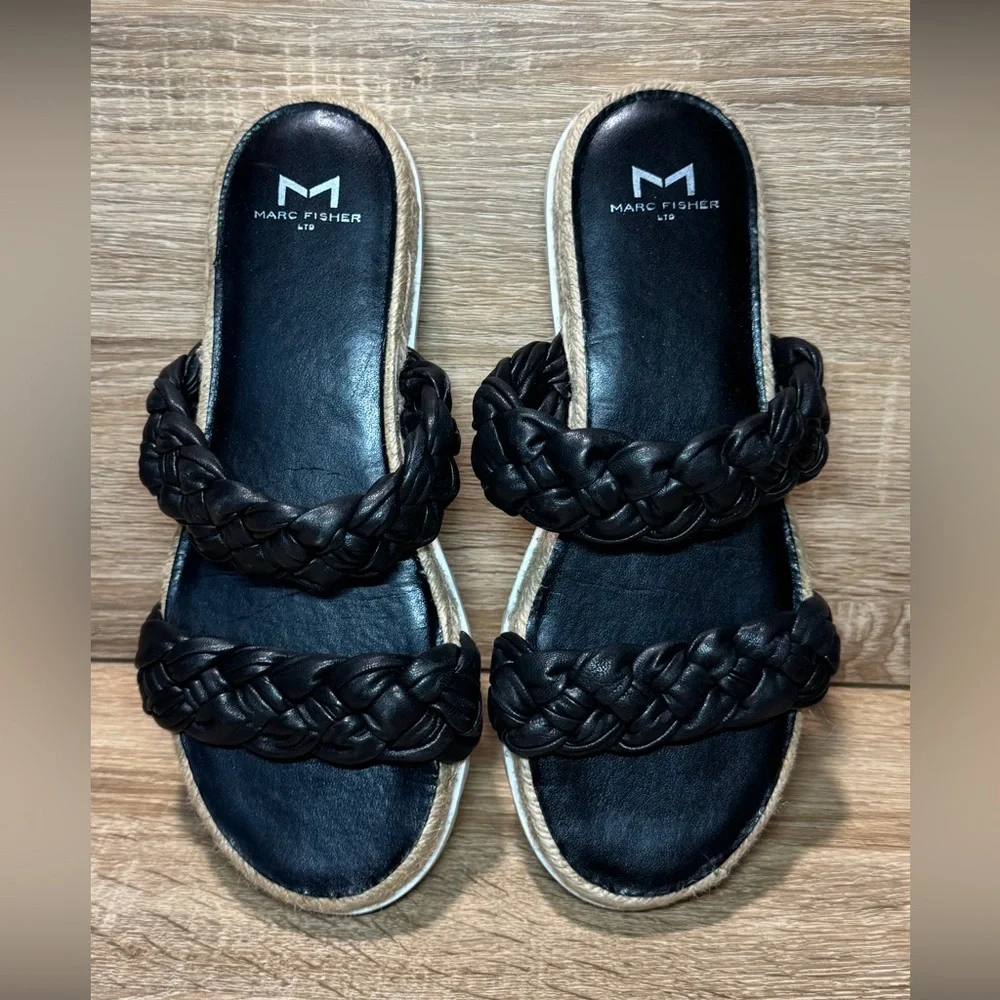 Black Braided Leather Marc Fisher Chunky Platform Sandals Women's Shoes Size 7.5 - Picture 9 of 10